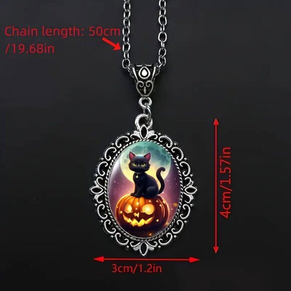 Silver Halloween BLACK CAT Pendant Necklace - Picture 4 of 5